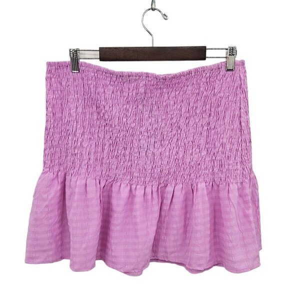 Boohoo Smocked Shirred Mini Skirt Womens Sz 12 Ruffle Purple Lilac Stretch NEW - Picture 2 of 6